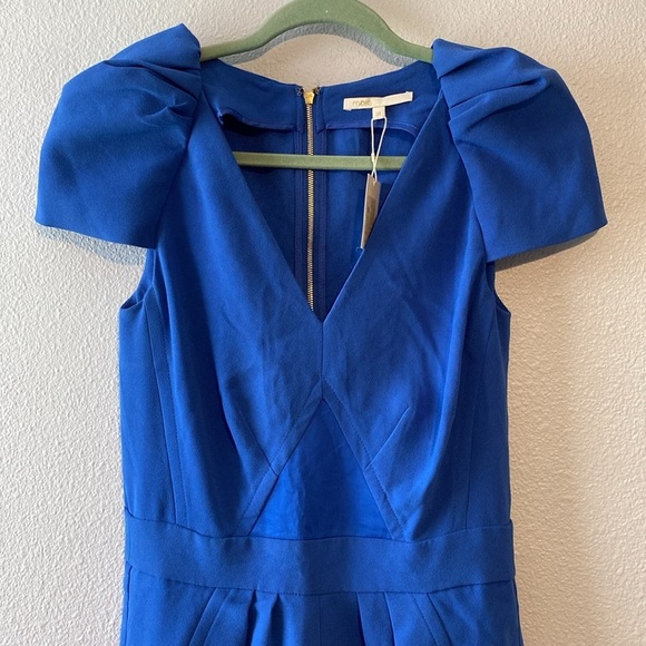 Maje Royal Blue Pyramid Inset Short Sleeve Pleated Dress 38 
Lined V-Neck Mini - Picture 5 of 9